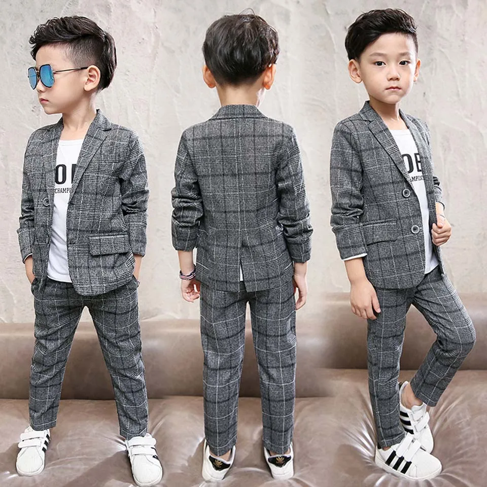 2022 Autumn spring Baby Boys Clothes Set Plaid Gentleman Top jacket + Pants Outfits Suit Teenager 4 5 6 7 8 9 10 11 12 year