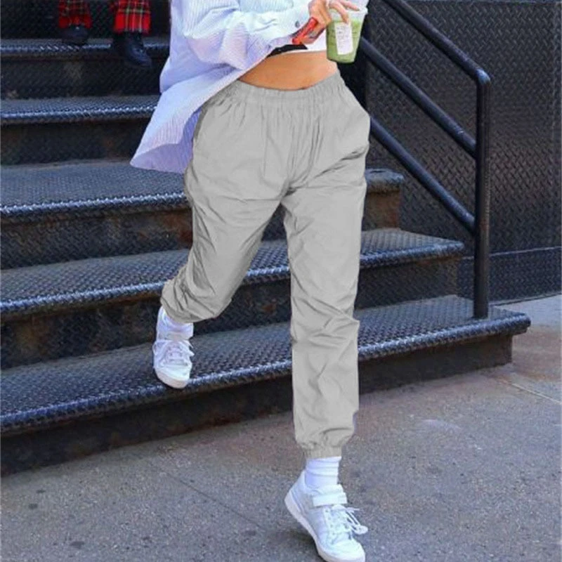 Flash reflective jogger pants women casual gray solid streetwear trousers hip hop dance show party New | Женская одежда