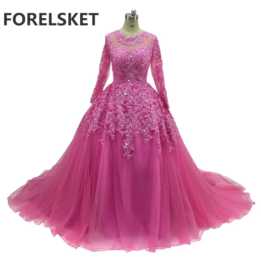 

Ball Gown Lace Prom Dresses Long Sleeves 2020 Beading Appliques Evening Party Dress For Women вечерние платья vestidos de festa
