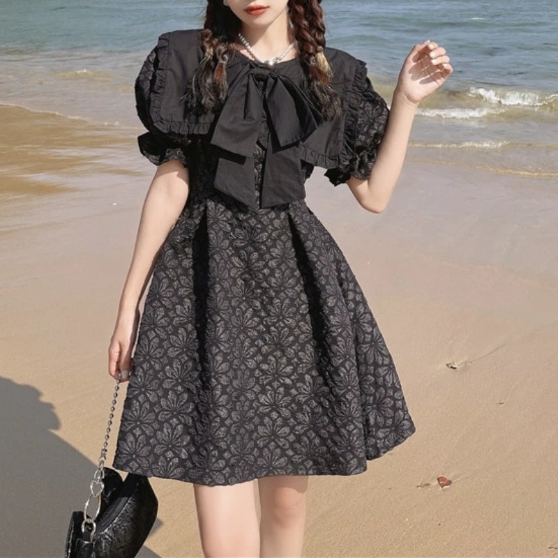 

One Piece Dress Korean Puff Sleeve Black Vintage Dresses Females Bow Design Elegant Beach Sundresses for Women Summer 2021 Y2k
