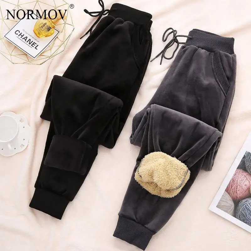 

NORMOV Plus Velvet Pants Loose Autumn Winter Thick High Waist Sweatpants Female with Pockets Slim Tether Warm Trousers Women