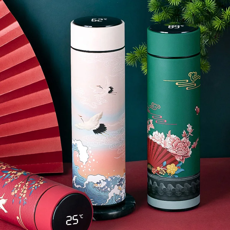 

Insulated hot water bottle stainless steel tumbler travel coffee mug tea infuser bottle Chinese style smart water bottle