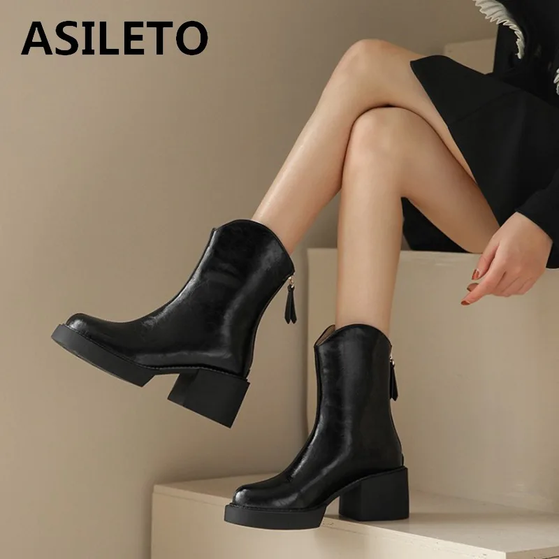 

ASILETO Mid-calf Boots Woman Round Toe Block Heel Cow Split Zipper Soild Platform Size 33-41 Black Brown Autumn Winter S2628