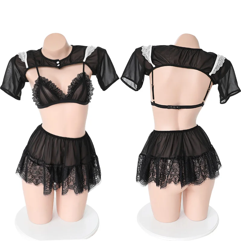 

Sexy Cute Lace Up Black and White Maid Dress Role Play Costume Transparent Chiffon Cosplay Anime Uniform Temptation Suit