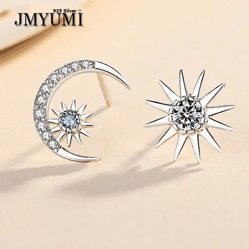 

JMYUMI 925 Sterling Silver Sparkling Moon Stars Zircon Stud Earrings for Women Trendy Elegant Wedding Party Jewelry Gifts