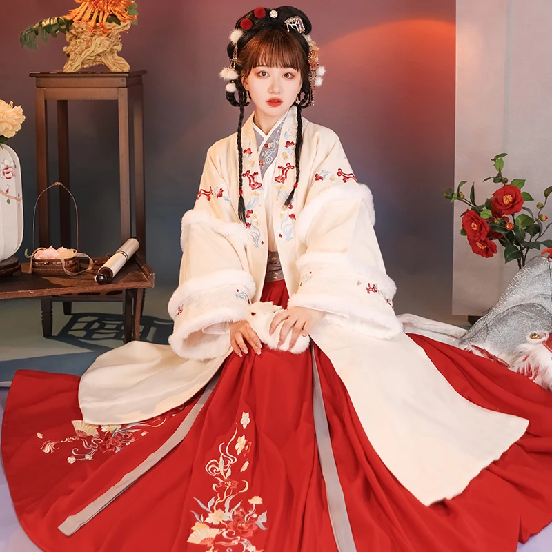 

Chinese style Hanfu women's autumn and winter Han elements woolen coat three-piece improved Song-made straight collar gown