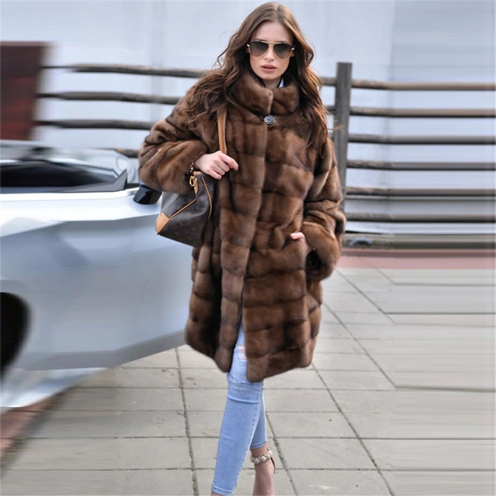 TOPFUR Fashion Brown Coat Women Winter Real Fur Coat Women Natural Mink Fur Coat Women Full Sleeves Mandarin Collar Medium