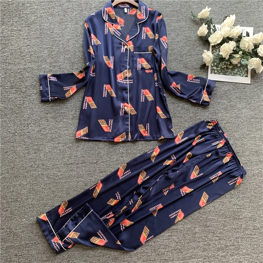 Женский пижамный комплект из шелка со льдом с длинными рукавами и брюками Пижама