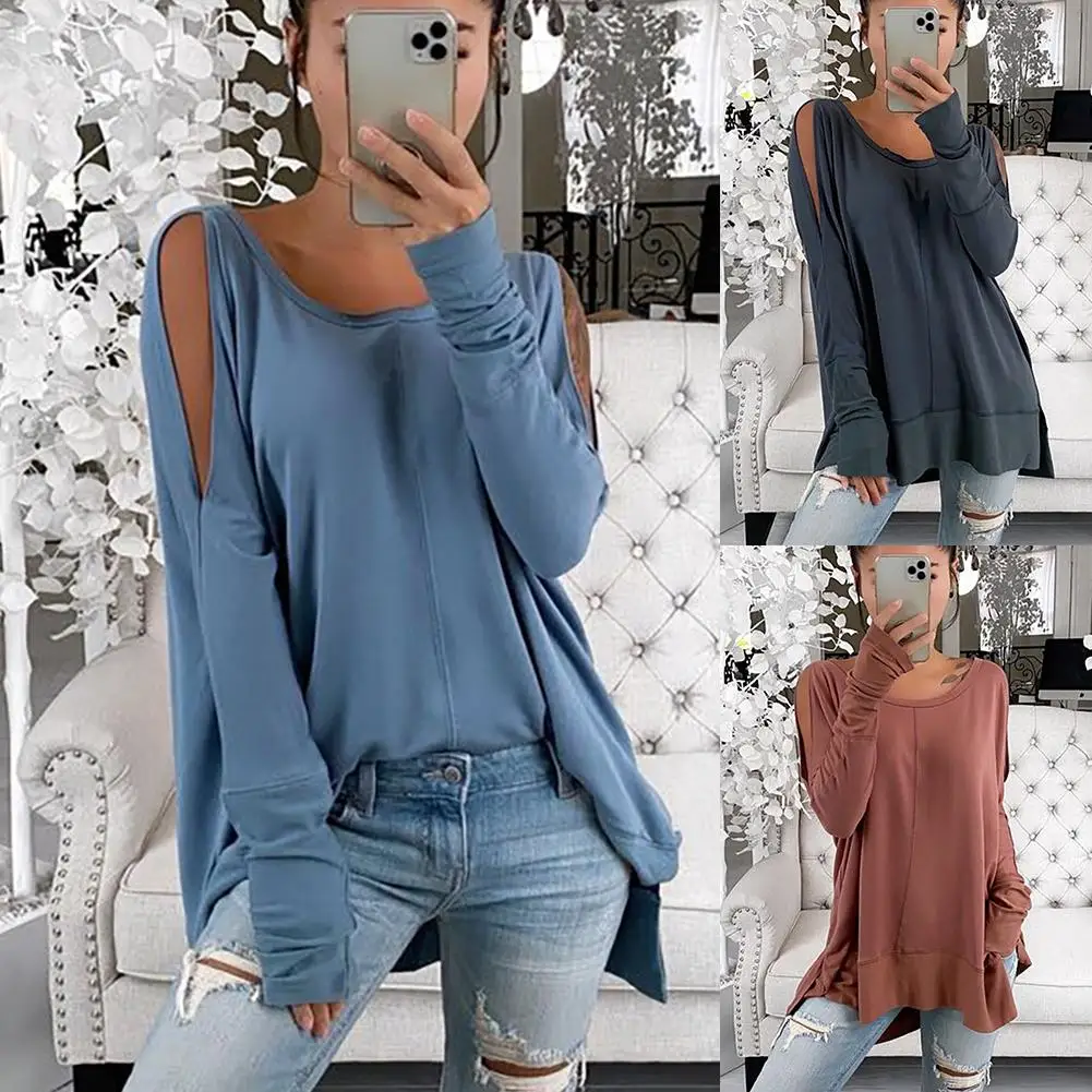 

Women O Neck Long Sleeve Cold Shoulder Irregular Hem Loose Blouse Sweatshirt