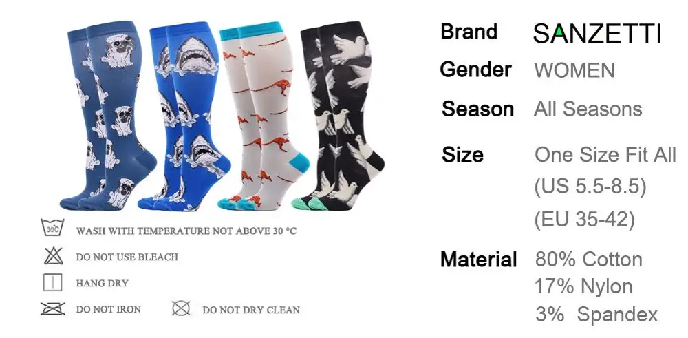 SANZETTI 4 Pairs Hot Women Shark Animal Striped Combed Cotton Compression Socks Below Knee Anti-Fatigue Long Colorful Gym | Женская