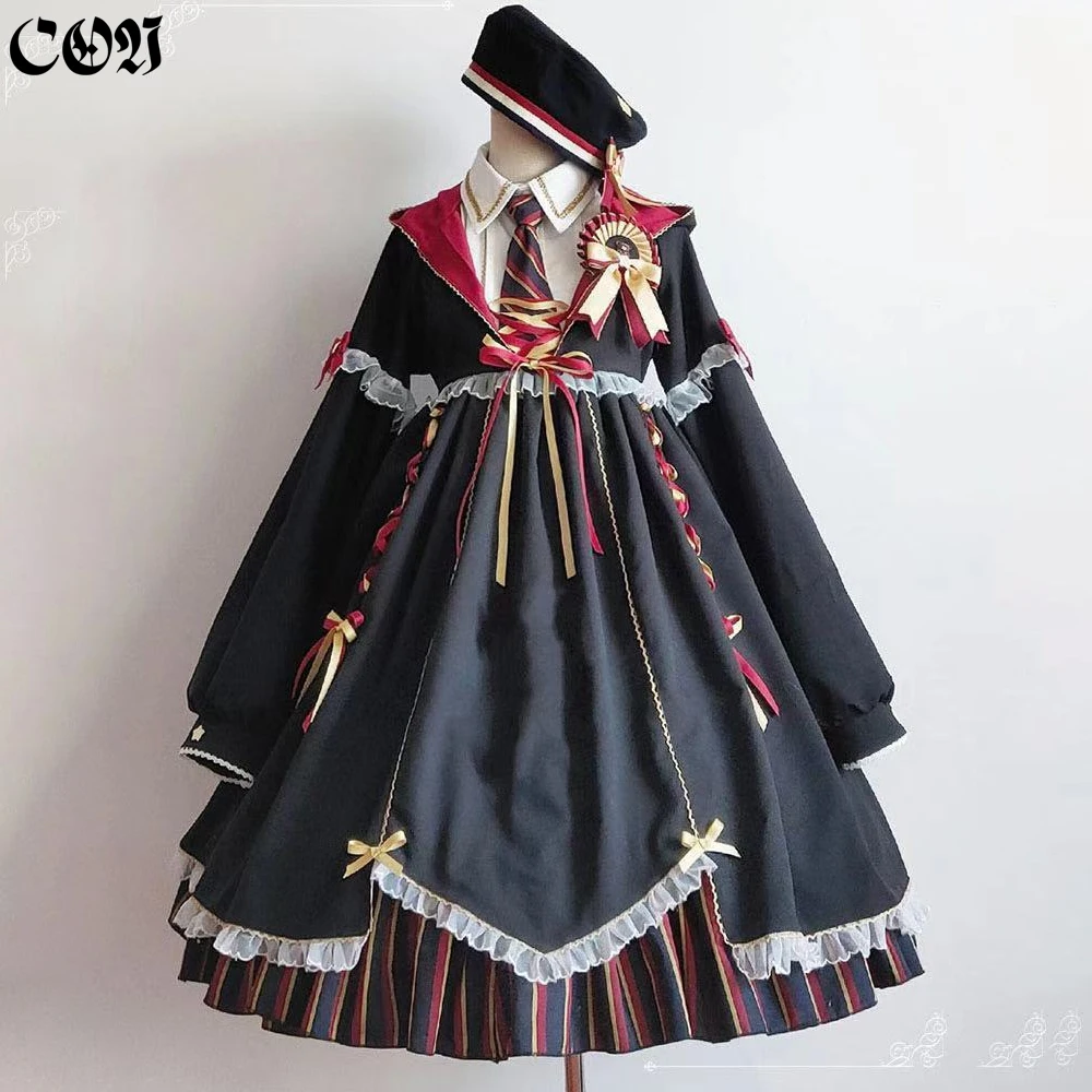 CON Gothic Lolita Dress Magic Girl Little Witch Alchemy Genuine Long Sleeve OP Dark Black Dress With Tie Badge Hat
