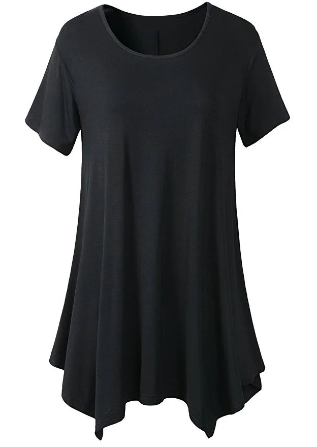 

Large women's medium length short sleeve T-shirt loose round neck solid color base shirt