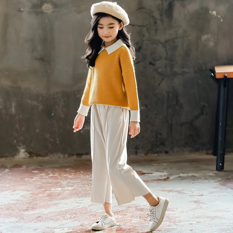 

Teenager Girl Casual Two Piece Set 2021 Spring Autumn Kids Girls Pants Set Sweaters + Trousers Fashion Children Baby Clothes Set