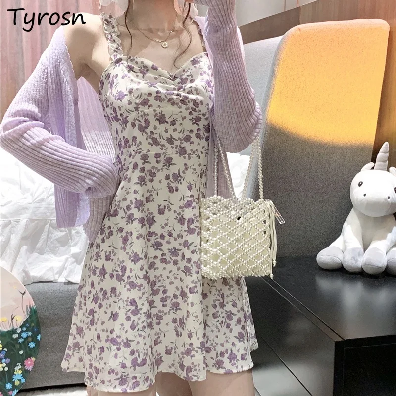 

Sleeveless Dress Women Sweet Purple Floral V-neck Folds Design Gentle High Street French Style Summer Elegant Mini Dresses Girls