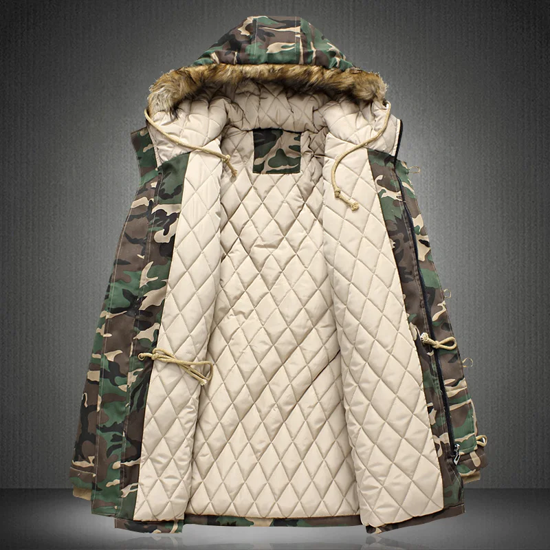 Модные камуфляжные парки Мужчины Военный средний длинное зимнее пальто Мужская