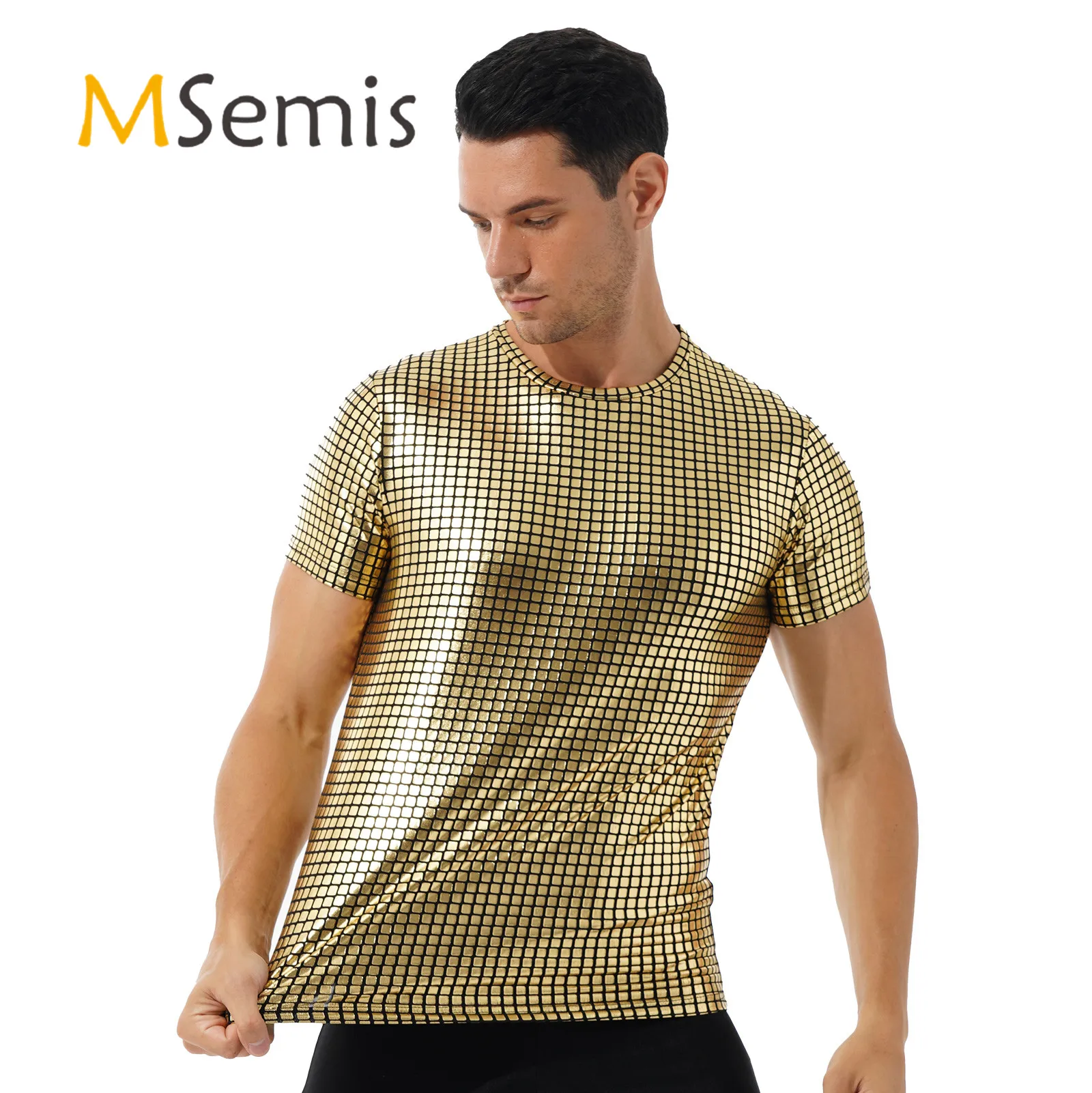 

Mens Fashion Metallic Shiny Plaid Pattern T-shirt Casual Round Neck Short Sleeve Tops Theme Party Nightclub Stage Show Costume