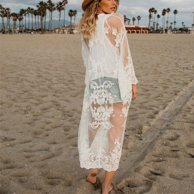 Новинка Пляжная накидка с длинным рукавом кружевные вязаные крючком летние