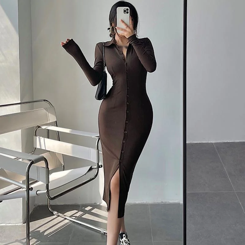 

WOMENGAGA Girl Polo Neck Single Breasted High Waist Slim Long Sleeve Mid Length Skinny Hip Knitting Dress Autumn Winter 43QP