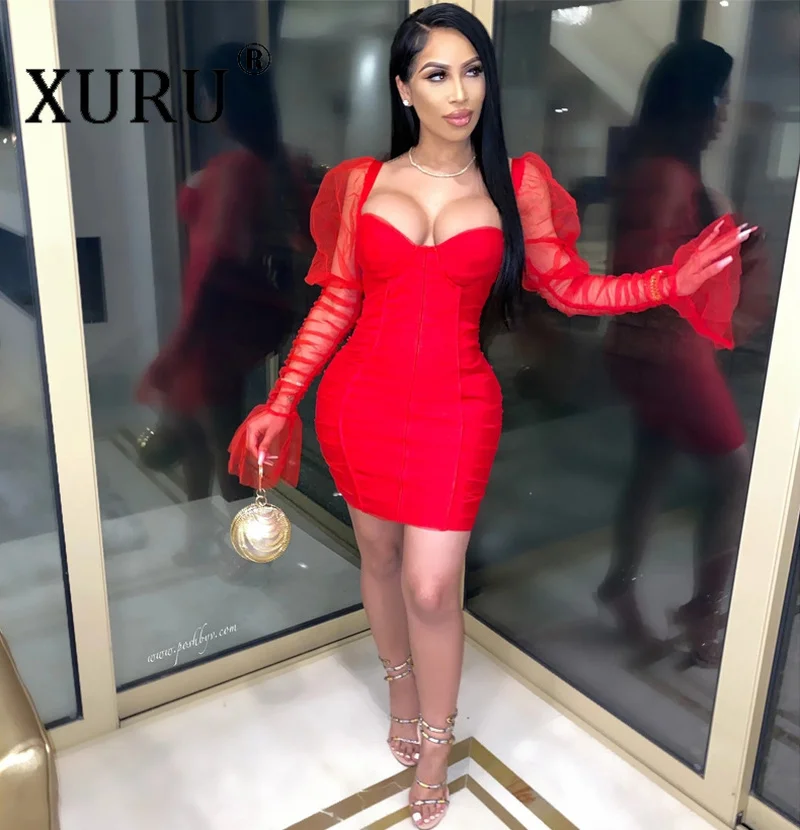 

XURU Европейское и американское женское сексуальное Сетчатое платье для ночного клуба с рукавами и вышивкой на груди, лето 2020, новое Сетчатое ...