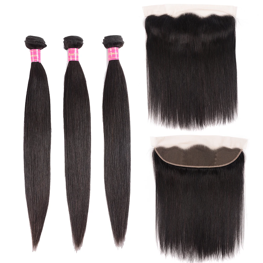 Бразильские прямые волосы пучки с фронтальным закрытием человеческие 4x13