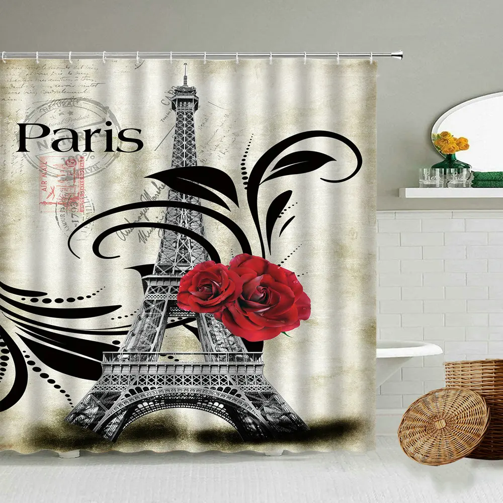 

Cupid Angel Shower Curtain Iron Tower Love Pink Valentines Day Bathroom Decoration With Hook Waterproof Polyester Screen Set