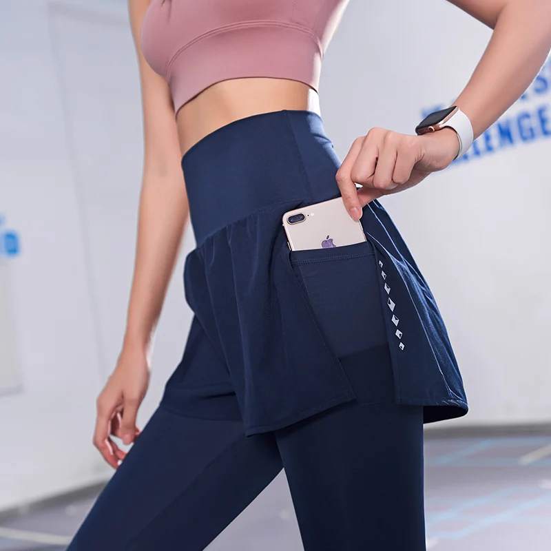

Hidden pocket fake two high waist fitness pants plus size quick-drying breathable yoga wear running sports pants