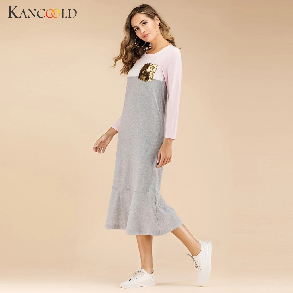 KANCOOLD модное женское платье для отдыха с пайетками и карманами Свободное длинное