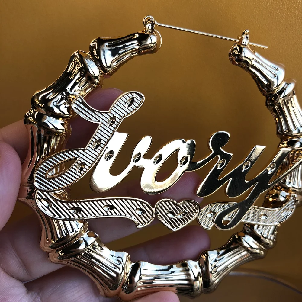 Hip Hop Custom Bamboo Name Earrings 3D INS Style Personalized Hoop Name Earrings Customized Name Earring for Women Birthday Gift