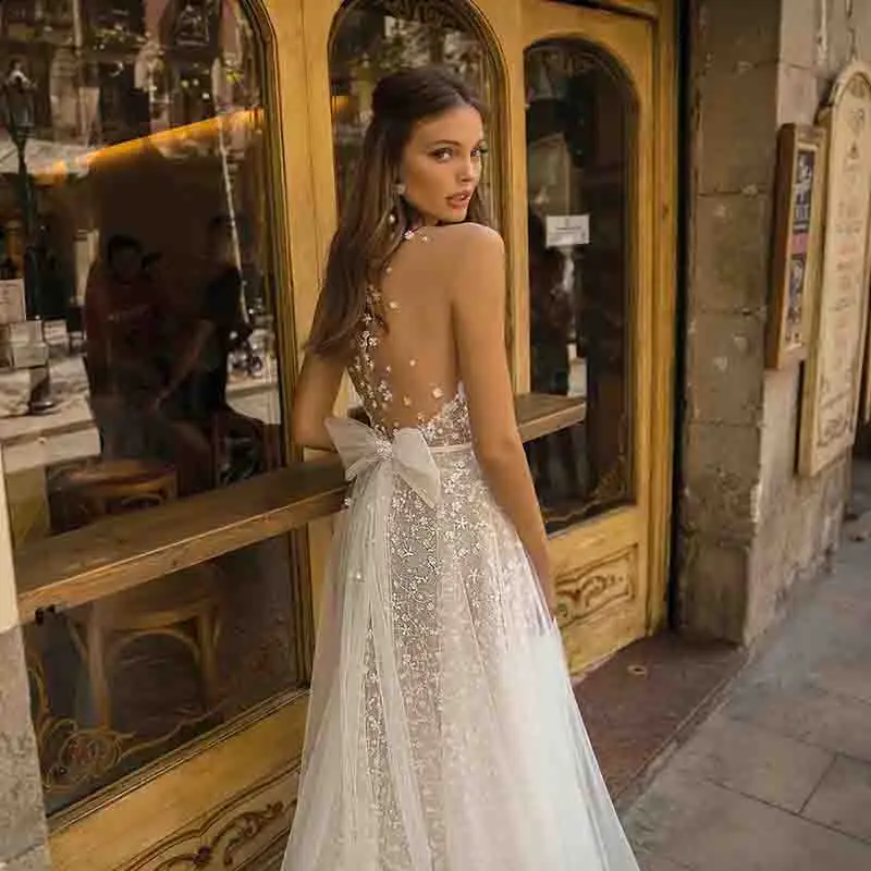 Пляжное свадебное платье блестящее ТРАПЕЦИЕВИДНОЕ с V-образным вырезом и