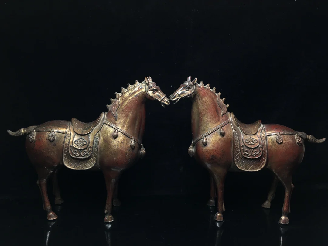 

11"Chinese Folk Collection Old Bronze Cinnabar Lacquer Zodiac Horse A pair Steed War horse Office Ornaments Town House Exorcism