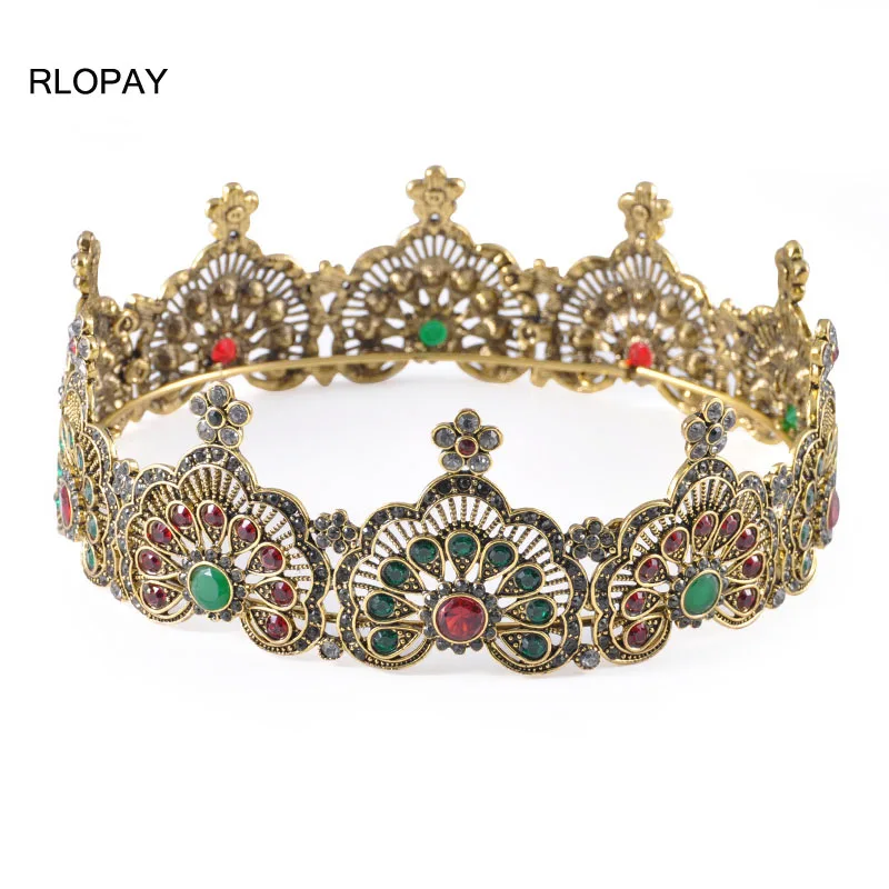 antique gold Винтажные золотые свадебные аксессуары для волос, цветные каменные диадемы для девочек, круглые короны, свадебные украшения, головной убор - Окраска металла: antique gold