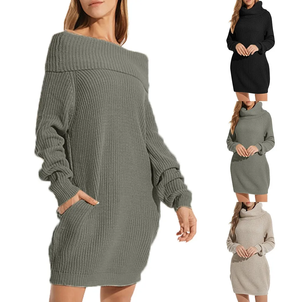 Платье-свитер с высоким воротником для женщин осень/зима повседневное большой