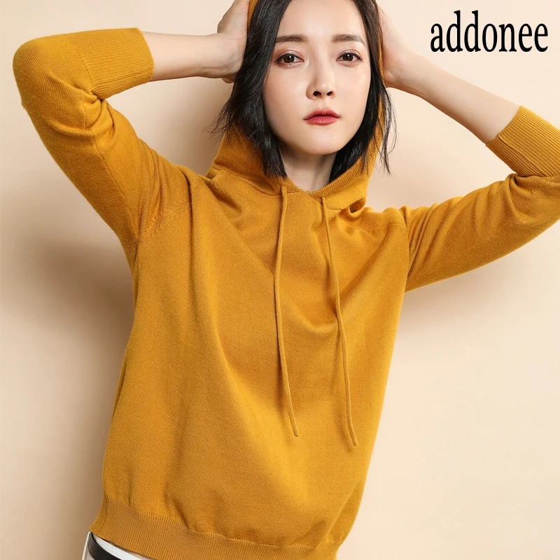 High Quality New Spring Autumn Winter Women Cashmere Knit Sweater Hooded Collar Pullovers Solid Color Sport Soft Casual Loose | Женская