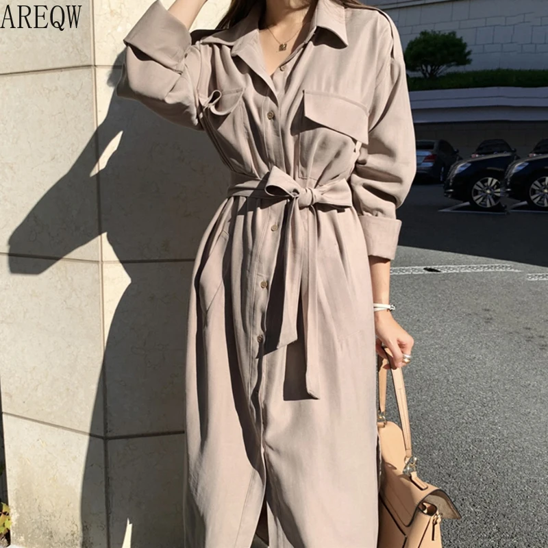 Корейское женское платье рубашка с отворотом Однорядная пряжка свободный