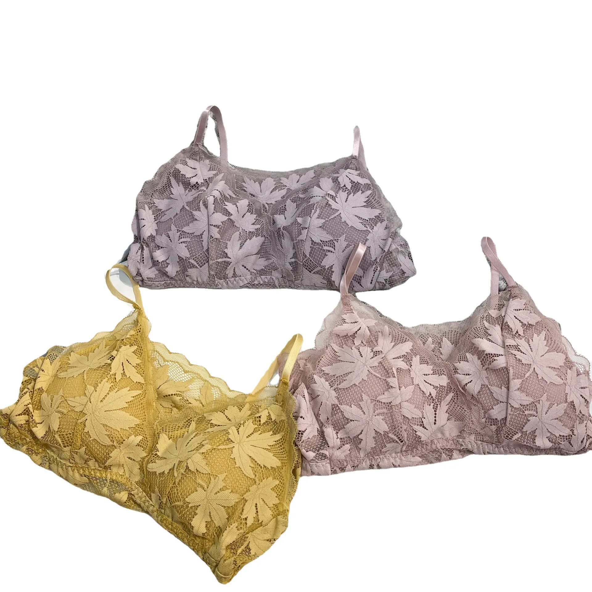 

Fashion Leaves Sexy Lace Tube Top Gathering with Chest Pad Women Bra Breathable Shockproof No Rims Hot Sale Bra