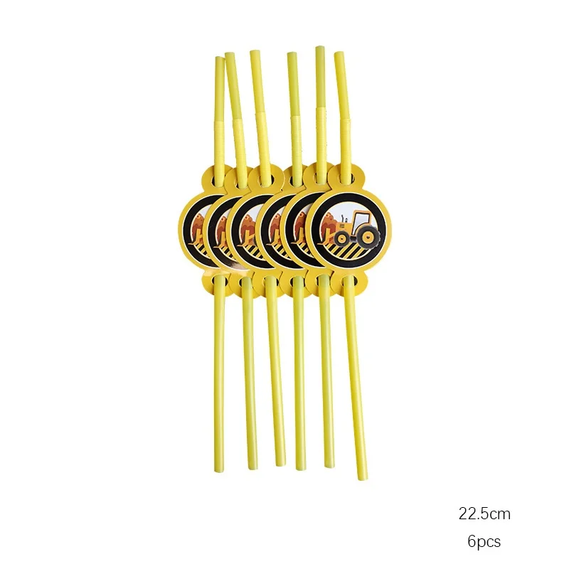 6pcs straws 6 шт, Мультяшные строительные транспортные средства, экскаватор, вечерние украшения, бумажный стаканчик, тарелка, баннеры, Детские воздушные шары для вечеринки в честь Дня Рождения - Цвет: 6pcs straws