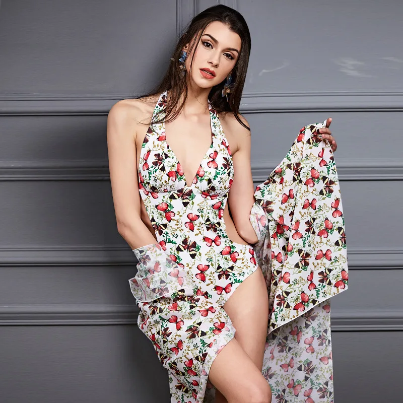 

Fashionable women's swimwear 2021 personalized belly covered backless printed bikini swimsuit sunscreen shawl three piece set