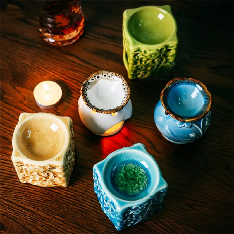 Retro Crack Glaze Ceramic Essential Oil Lamps Aroma Burner Home Dinner Decor Aromatherapy Incense Candlestick | Дом и сад
