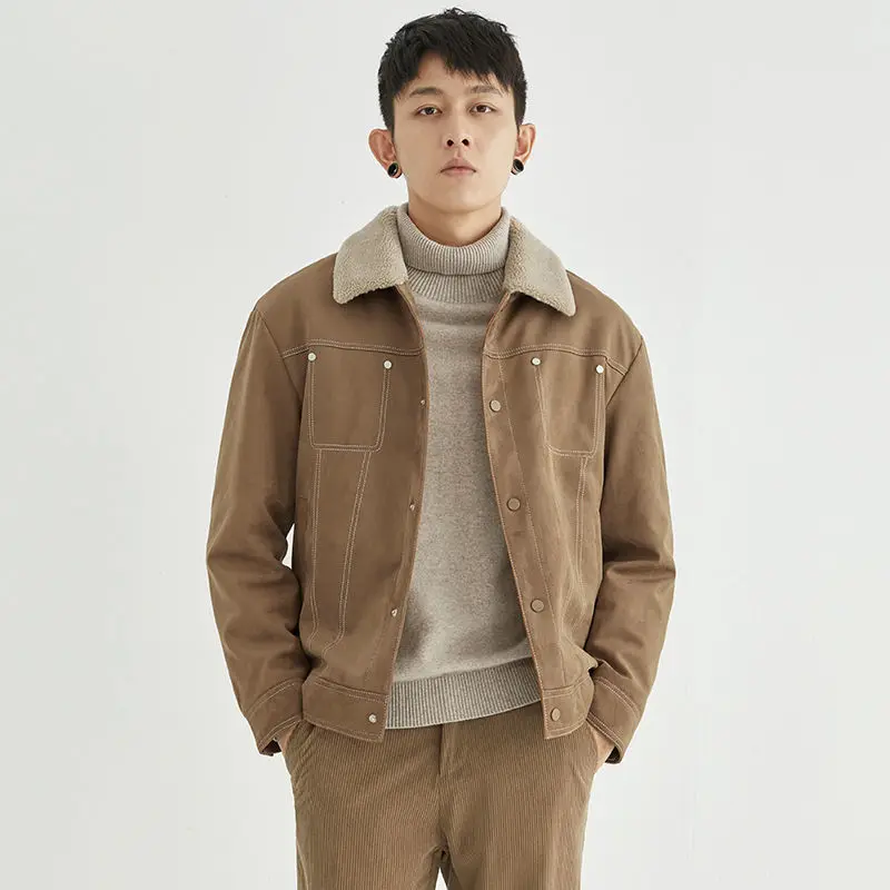 

Осень-зима 2021, мужские модные замшевые кожаные куртки, однотонная верхняя одежда в стиле ретро, мужские повседневные облегающие пальто, муж...