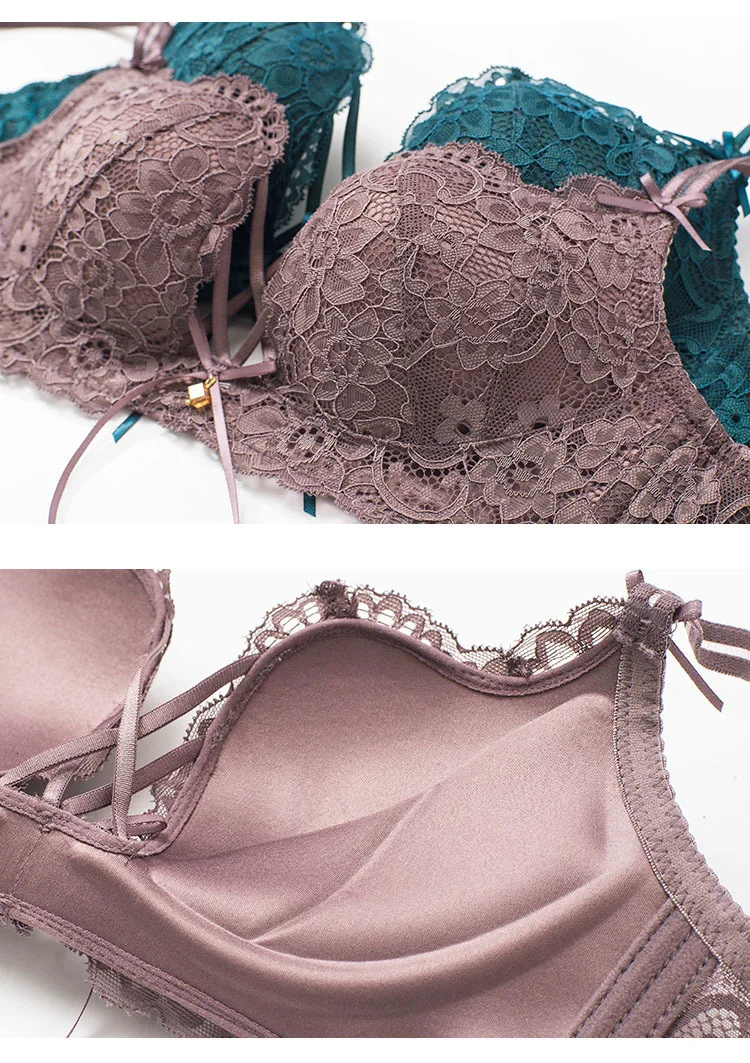 Roseheart Women Red Green Lace Trim Cross Straps Bralette Cotton Panties Push Up Bra Sets Underwear Sexy Lingerie Sets A B