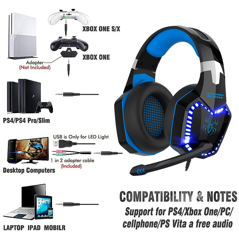 

Over Ear LED Wired Headphone with Mic, 3.5 jack for Laptop PC Computer PS4 Swtich, 2m line, 50mm loudspeaker Stereo Bass Helmet