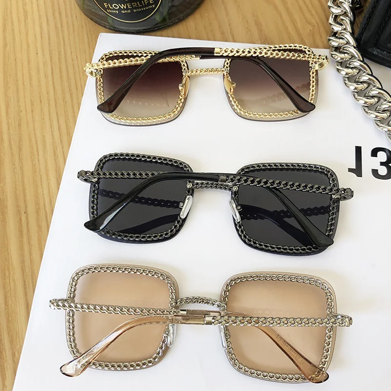 

Square Rimless Chain Sunglasses Women Diamond Cutting Lens Brand Designer Fashion Beach Ladies Shades Sun Glasses Lunette Femme
