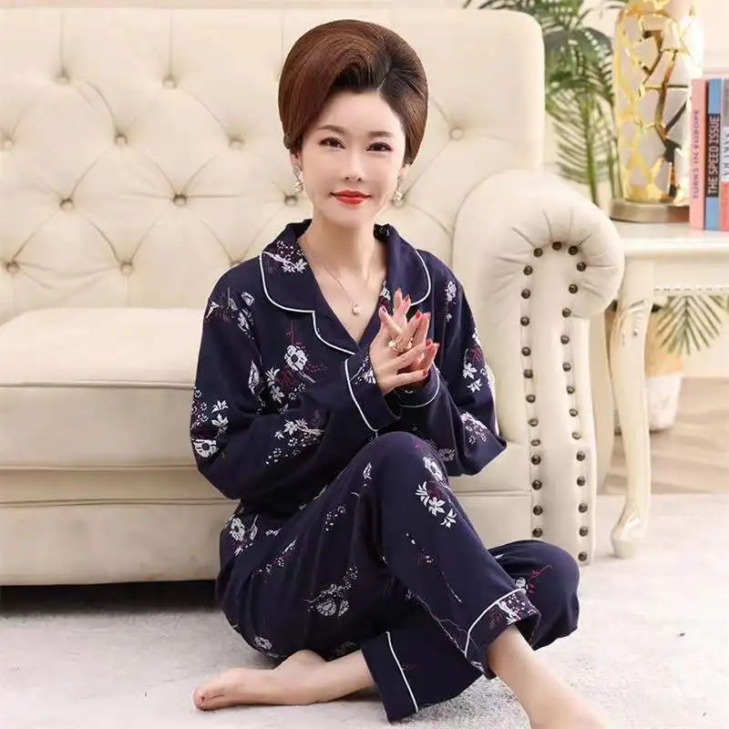 Women Pajama Set Spring Autumn 100% Cotton Long-Sleeved Trousers Two-Piece Home Clothes Mom Pyjamas Suits