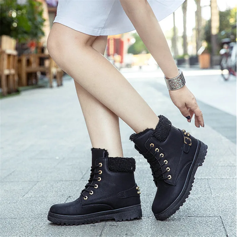 

New Women Winter Ankle PU Leather Plush Snow Boots Lady Faux Suede Warm Low Heel Rivet Front Lace-Up Short Martin Booties Shoes