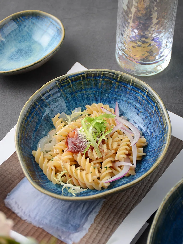

Irregular Dishes Ceramic Plate Retro Japanese Style Soup Noodles Salad Bowl Taste Dishes Blue Dinnerware