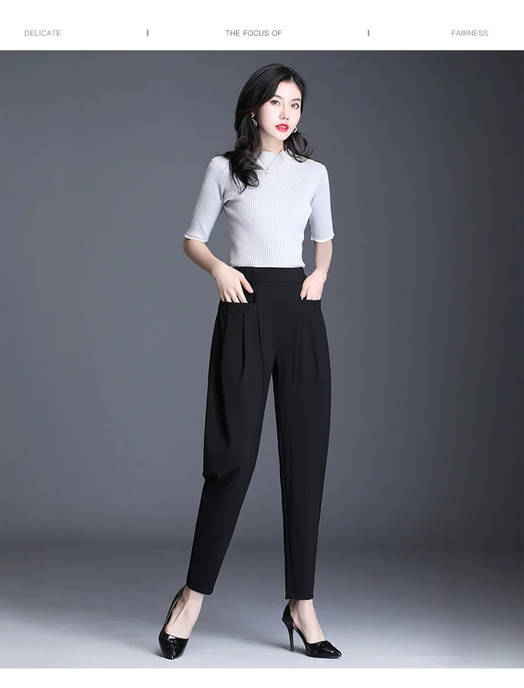 

Women Fashion Loose Harem Pants Spring Summer Office Lady Elegant Elastic High Waist Black Casual Trouser Plus Size M-4XL 9012
