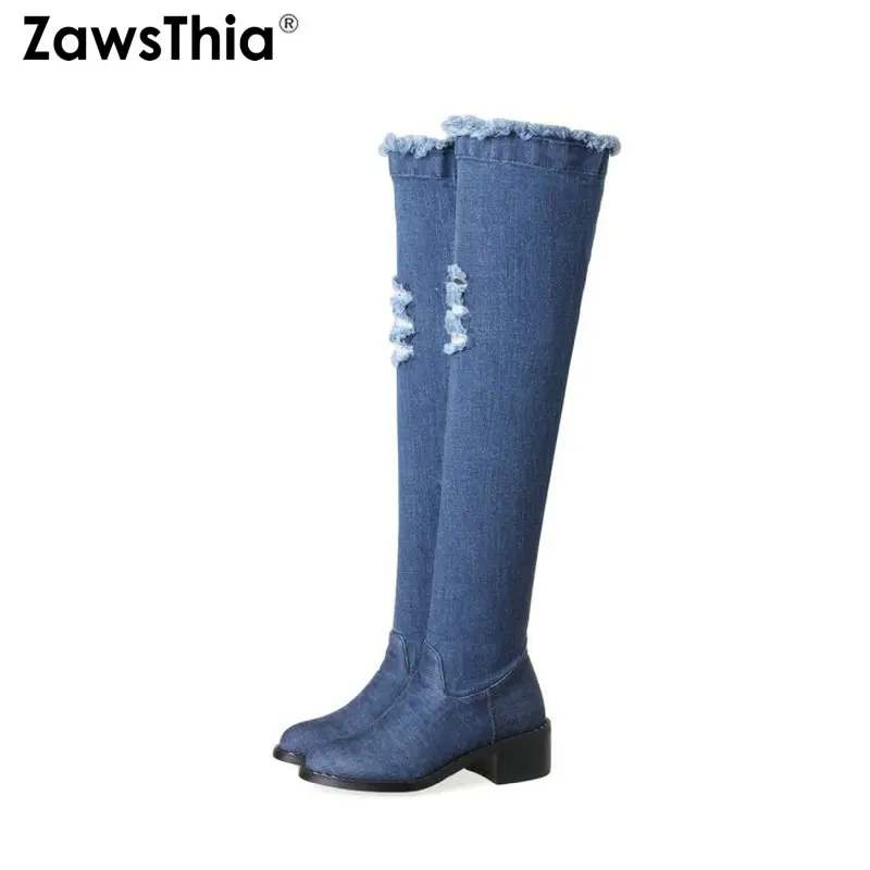 ZawsThia/Модные осенние женские ботинки Женские джинсовые на молнии с круглым носком