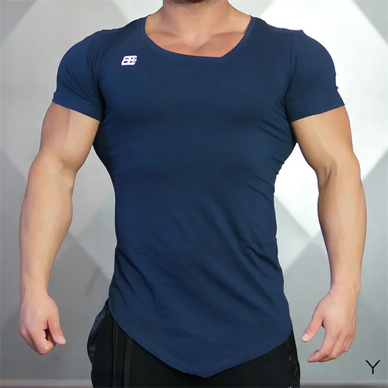 Men's Short Sleeve Patchwork T-shirt Bodybuilding Breathable Workout Clothes Fitness Shirt With Irregular Neck images - 6