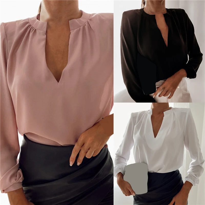 

Fashion Women Spring Autumn Thin Shirts V-Neck Long Sleeve Solid Color Transparent Slim Pullovers Top For Streetwear