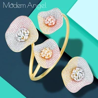 modemangel luxury lotus leaf aaa cubic zirconia%c2%a0copper geometry party wedding saudi arabic dubai bangle ring set
